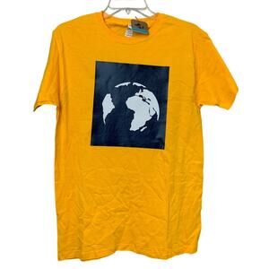 New Upcycled Hand Printed Womens Small Gold Blue Save Planet Earth Tee Shirt